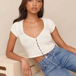 Reformation Caterina Open Knit Crochet Sweater in Gossamer